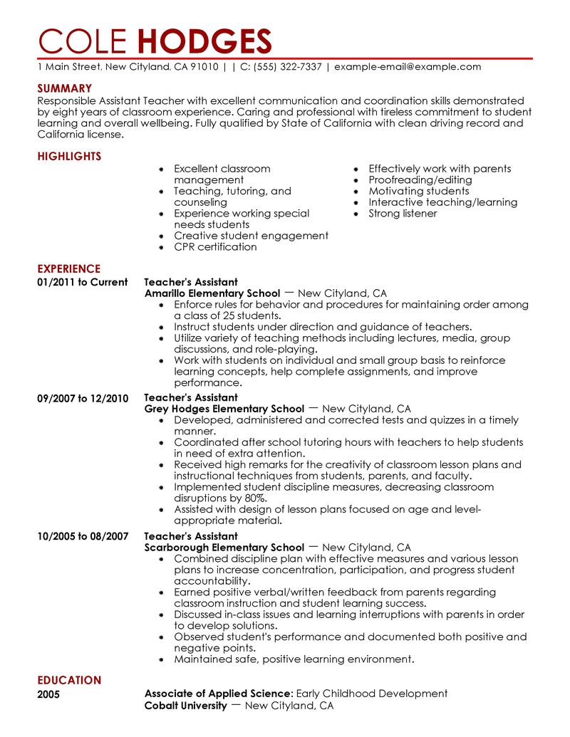 Best Assistant Teacher Resume Example | LiveCareer