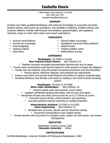 Bookkeeping resume sample