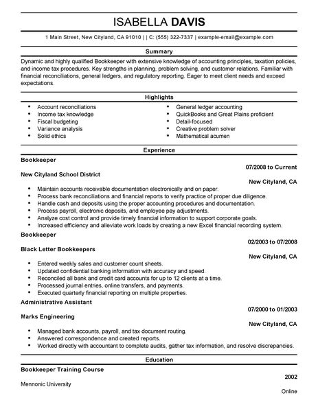 Bookkeeper example resume