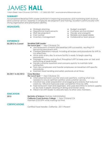 resume shift leader job description