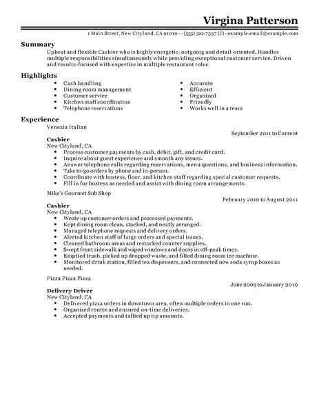 Cashier in resume