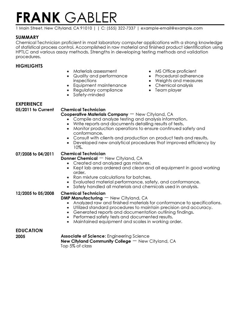 chemistry lab technician resume