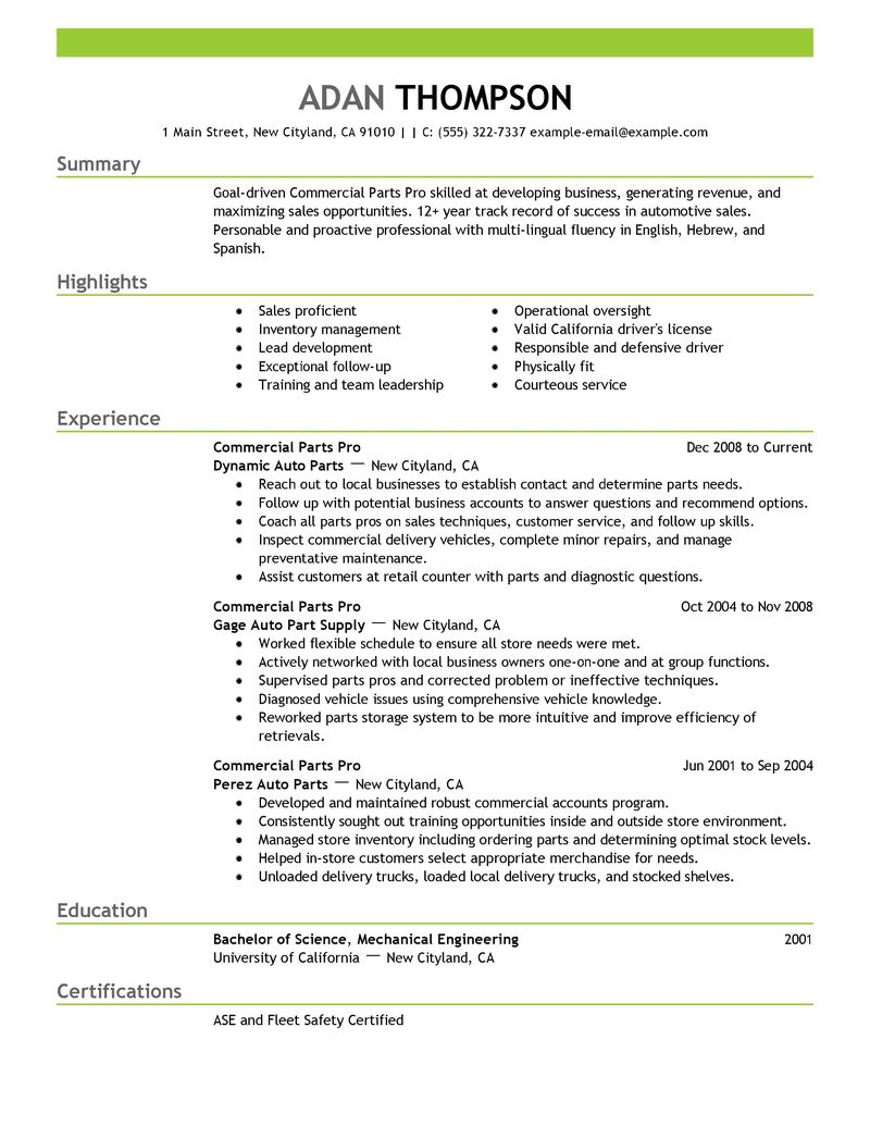 Ford parts manager resume