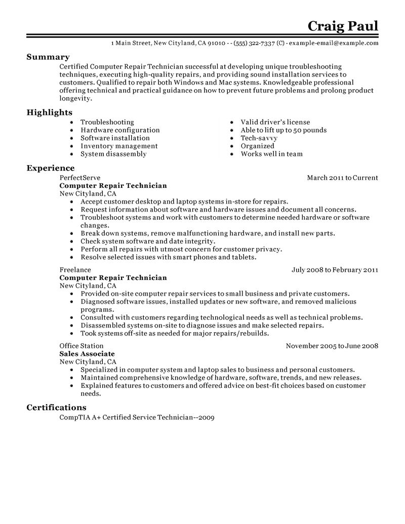 Service tech resume