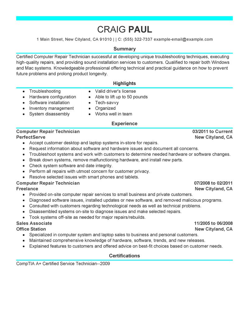 Best Computer Repair Technician Resume Example  LiveCareer