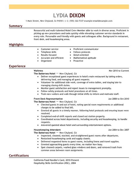 example of hospitality resumes