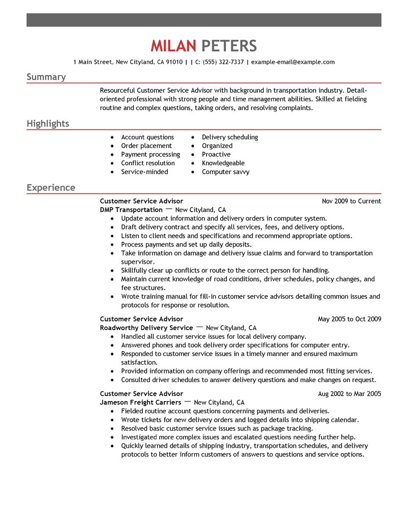 customer service advisor cv