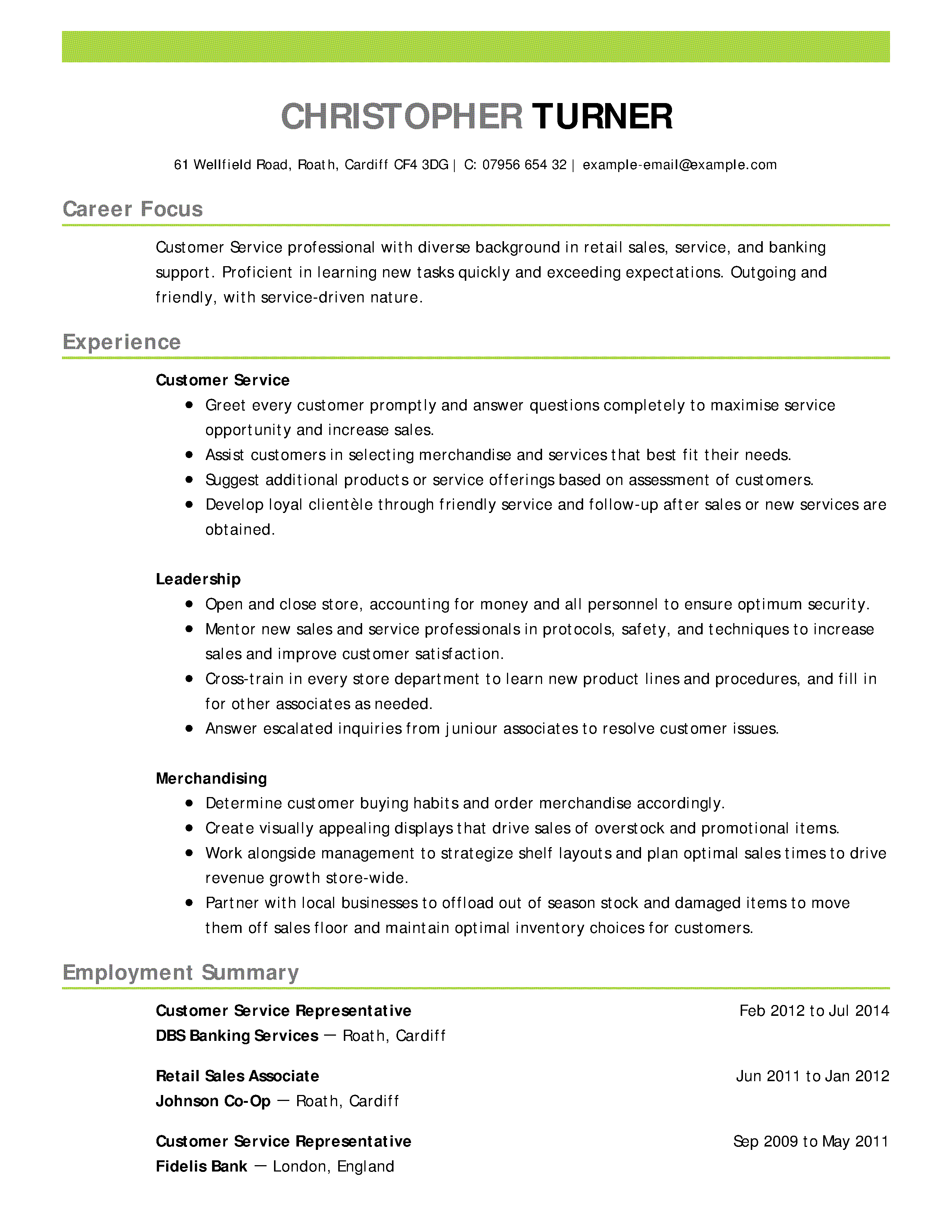 resume for customer service examples