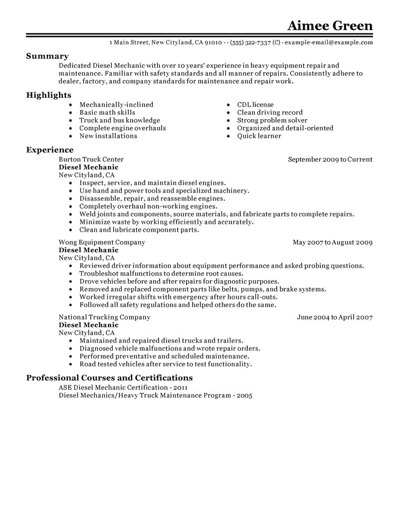 Best Diesel Mechanic Resume Example | LiveCareer