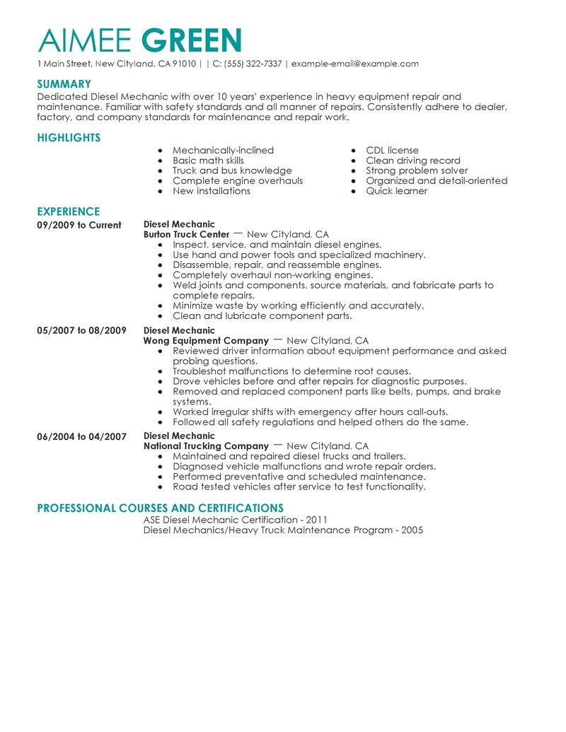 Resume for a diesel mechanic