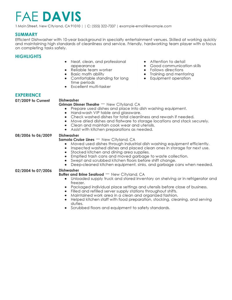 Resume Resume Example Dishwasher best dishwasher resume example livecareer create my resume