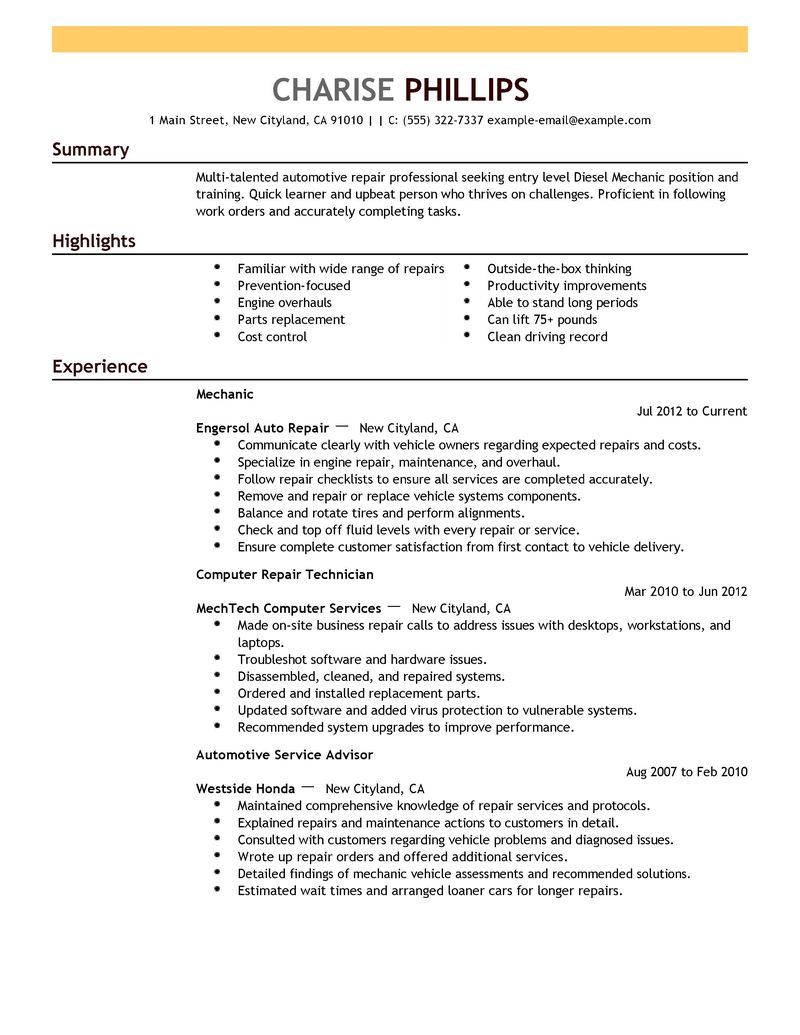 Best Entry Level Mechanic Resume Example | LiveCareer