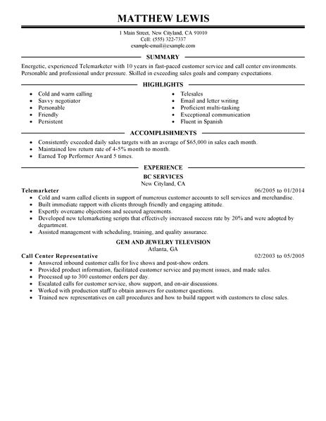 telemarketer resumes