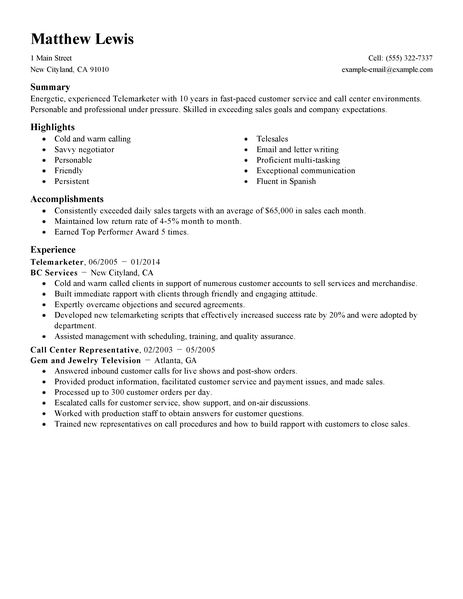 Telemarketing customer service resume