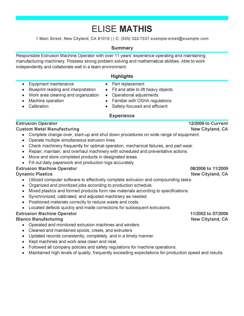 Best Extrusion Operator Resume Example  LiveCareer