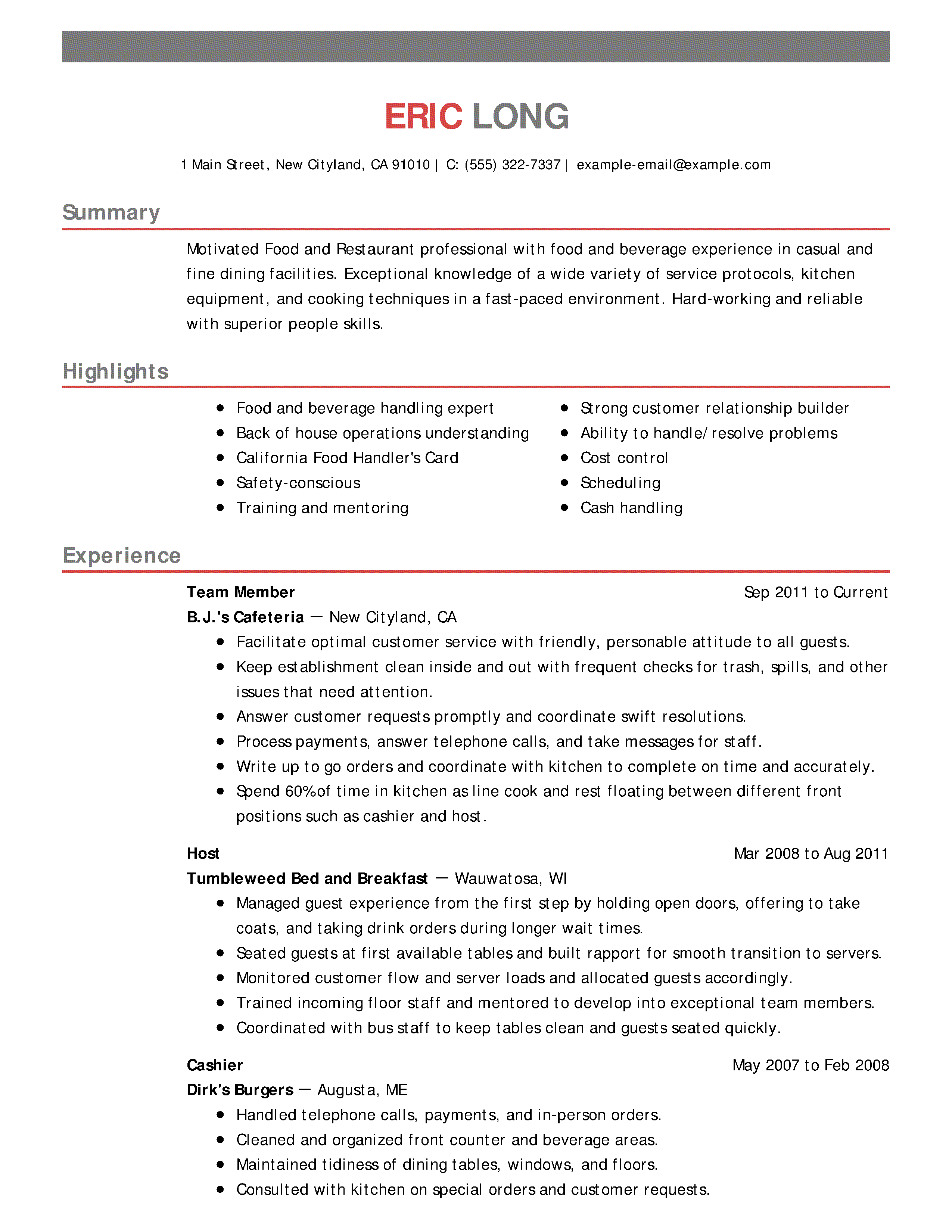 restaurant resume examples