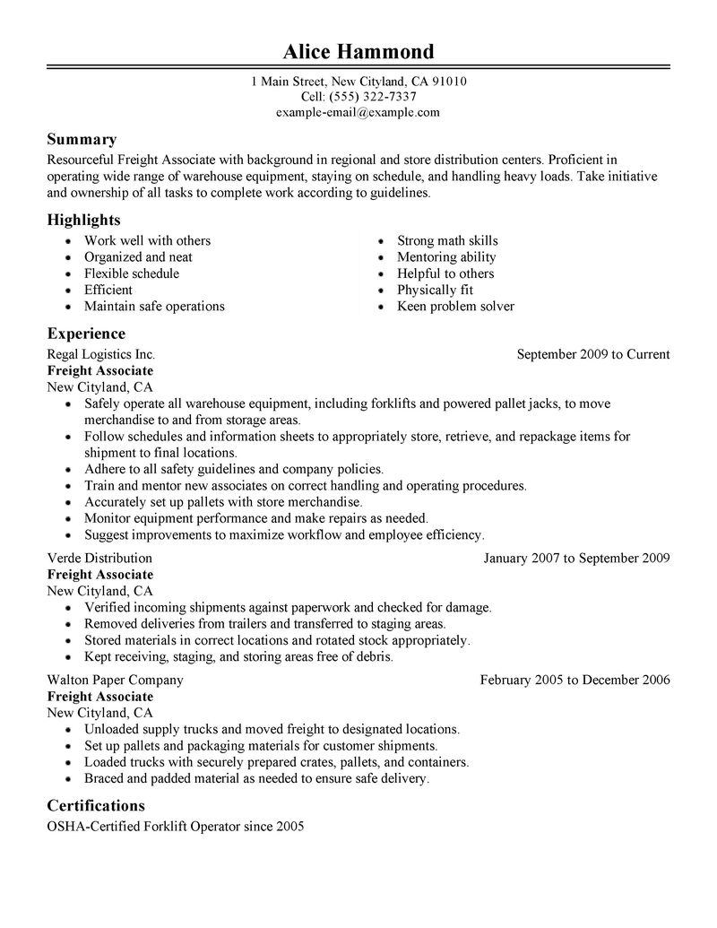 sample freight team associate resume