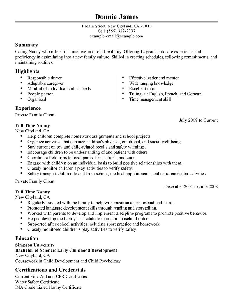 Full Time Nanny Resume Example Personal & Services