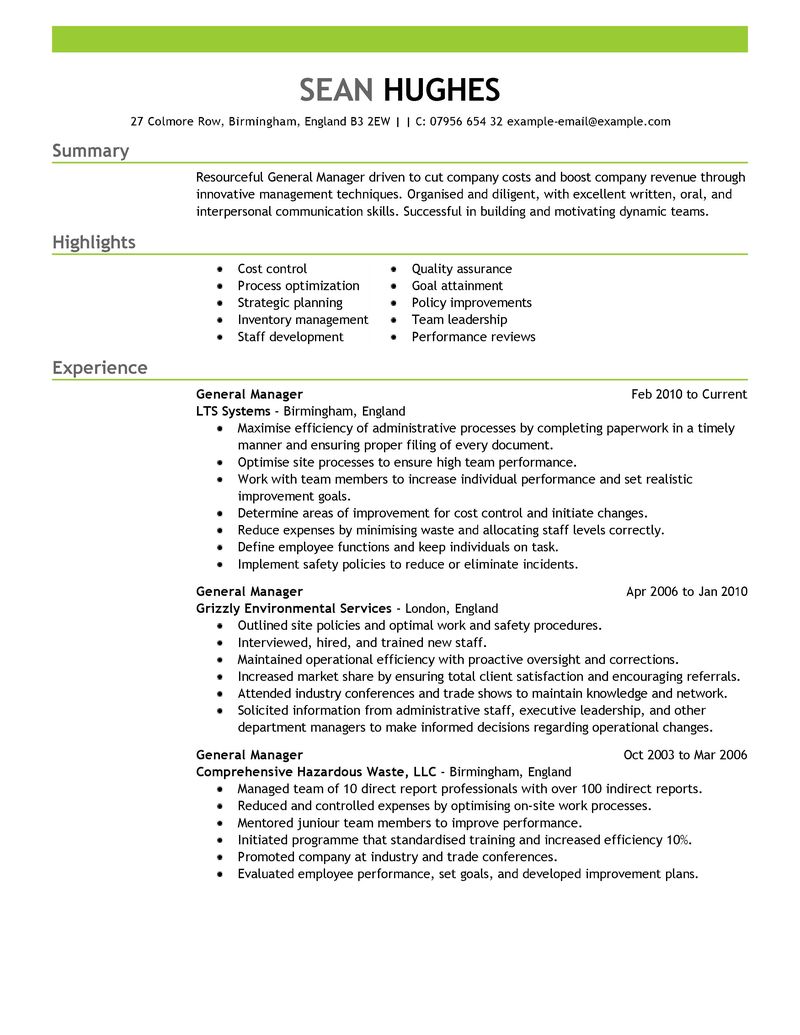 Sample general manager resume