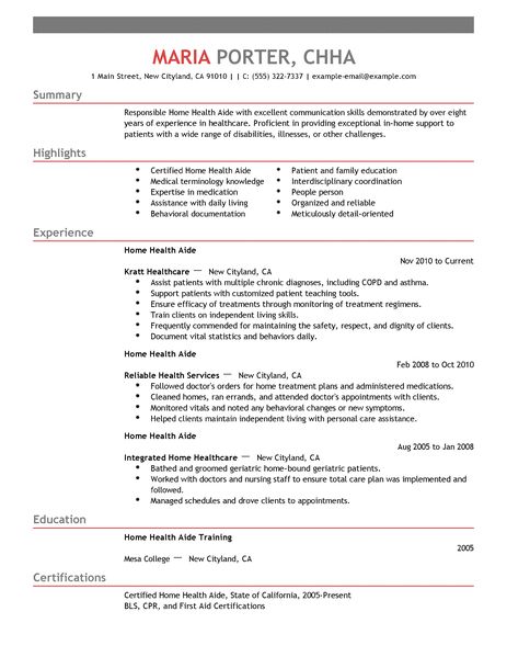 Home health aide on resume