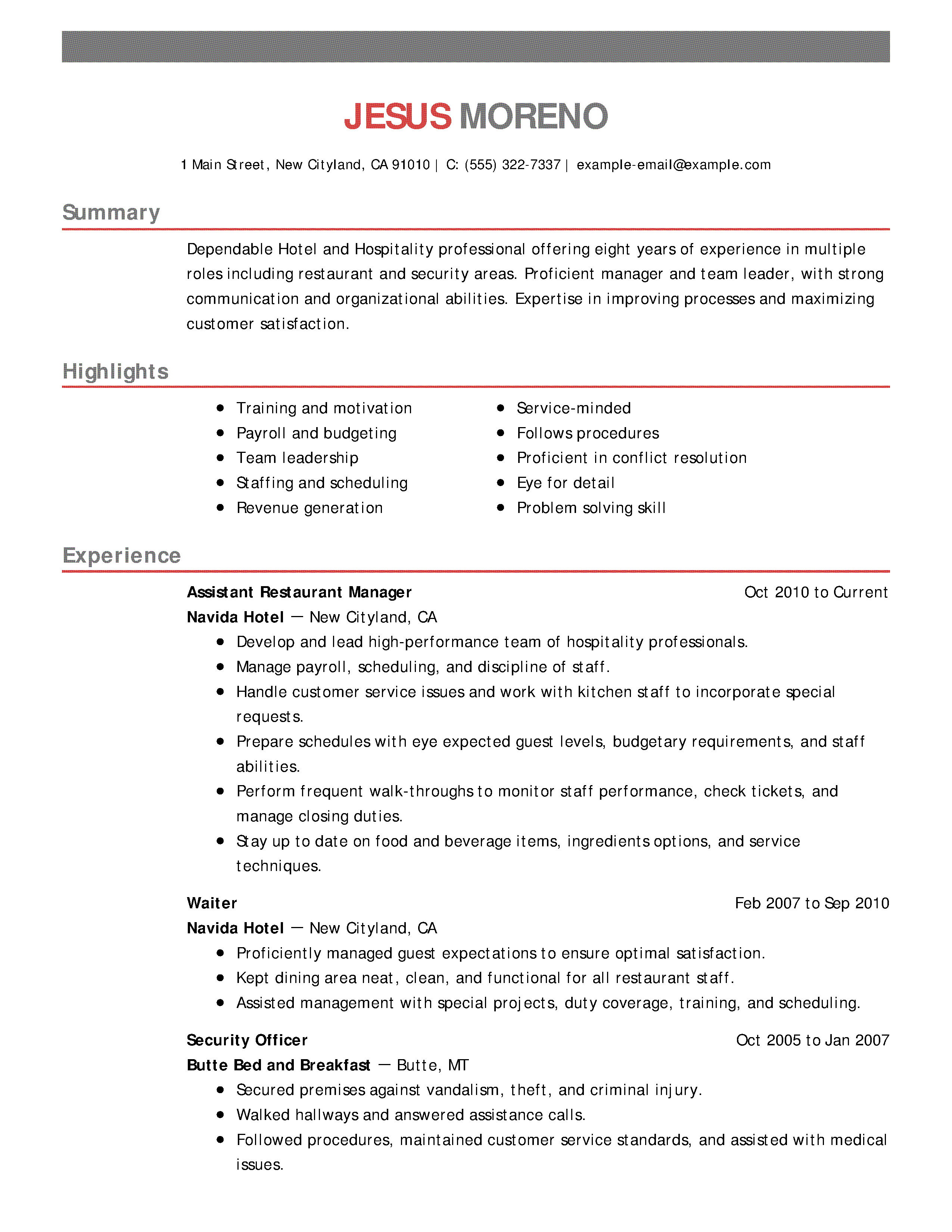 example of resume hospitality industry