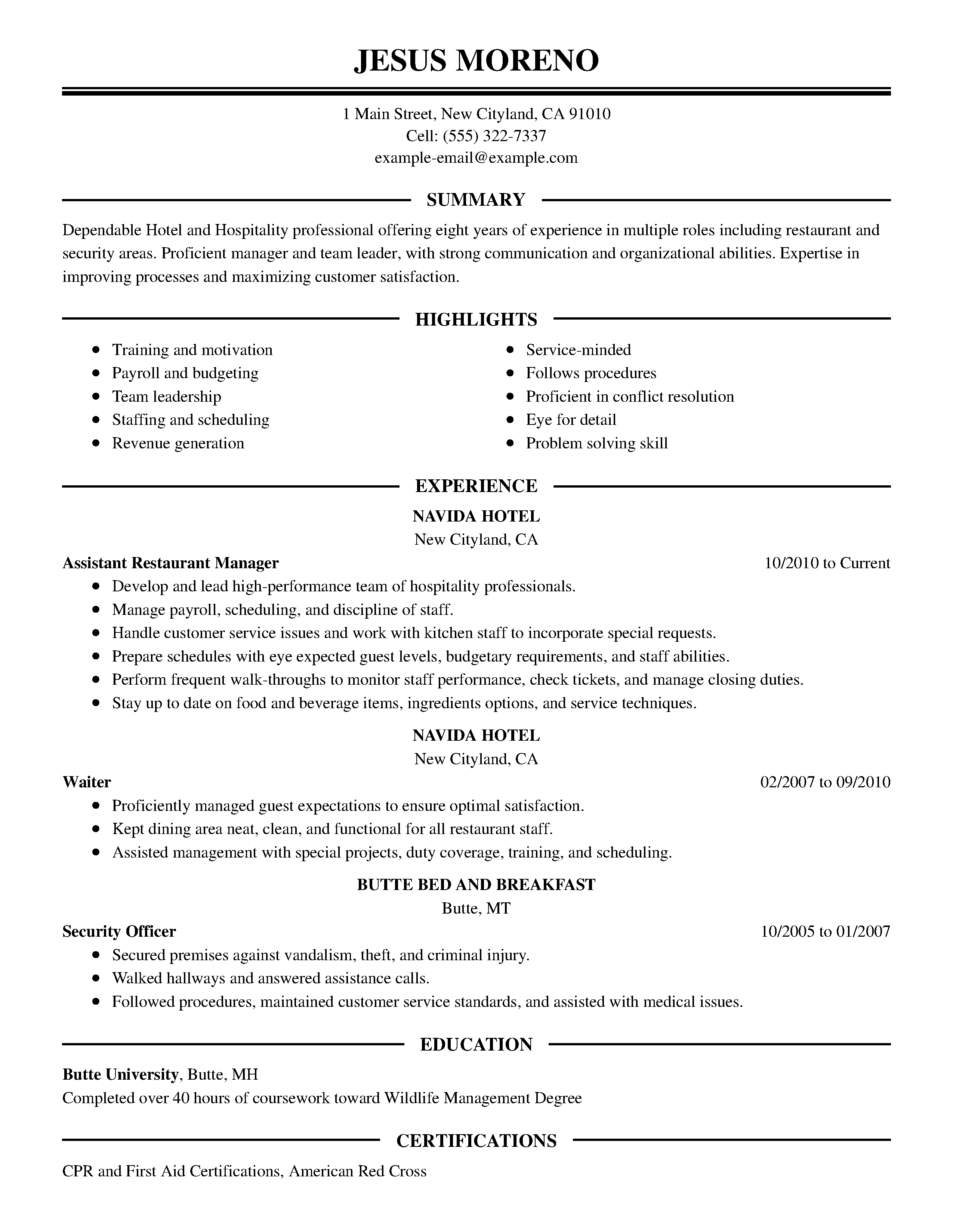 Resume Template For Hospitality