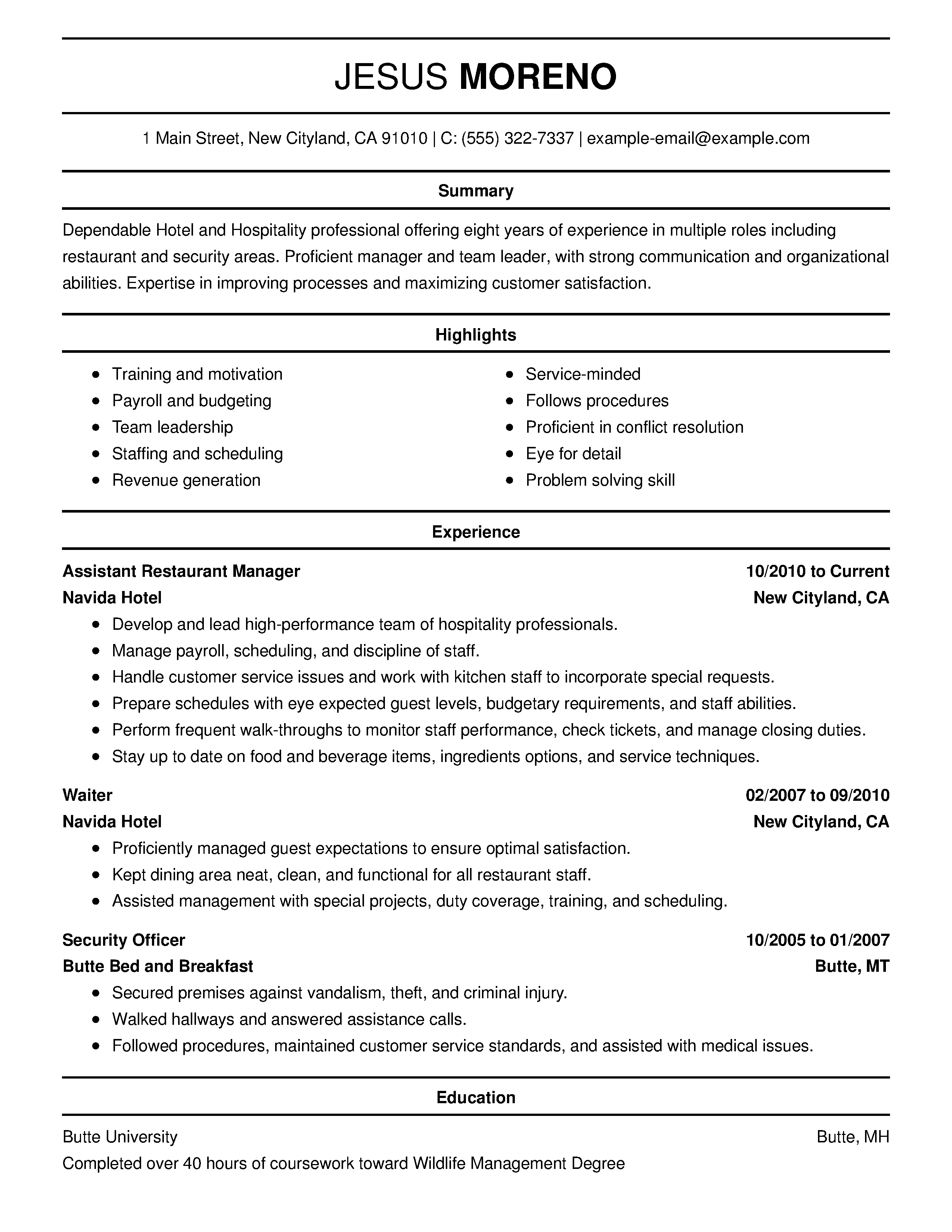 Free sample resume for hospitality