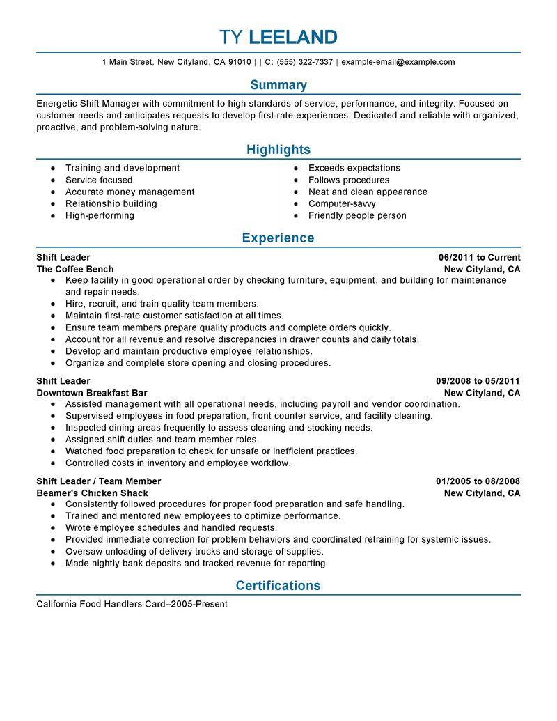 Hourly Shift Manager Resume Hourly Shift