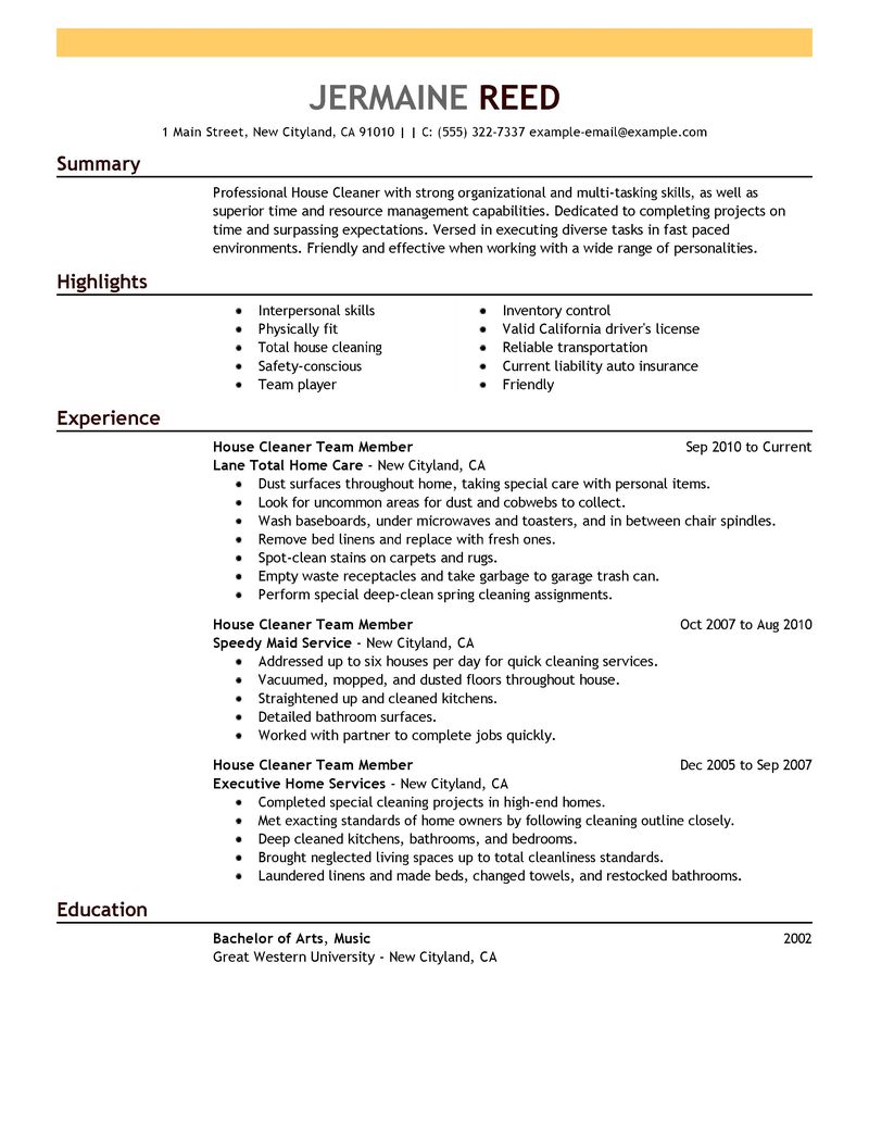 house cleaner resume