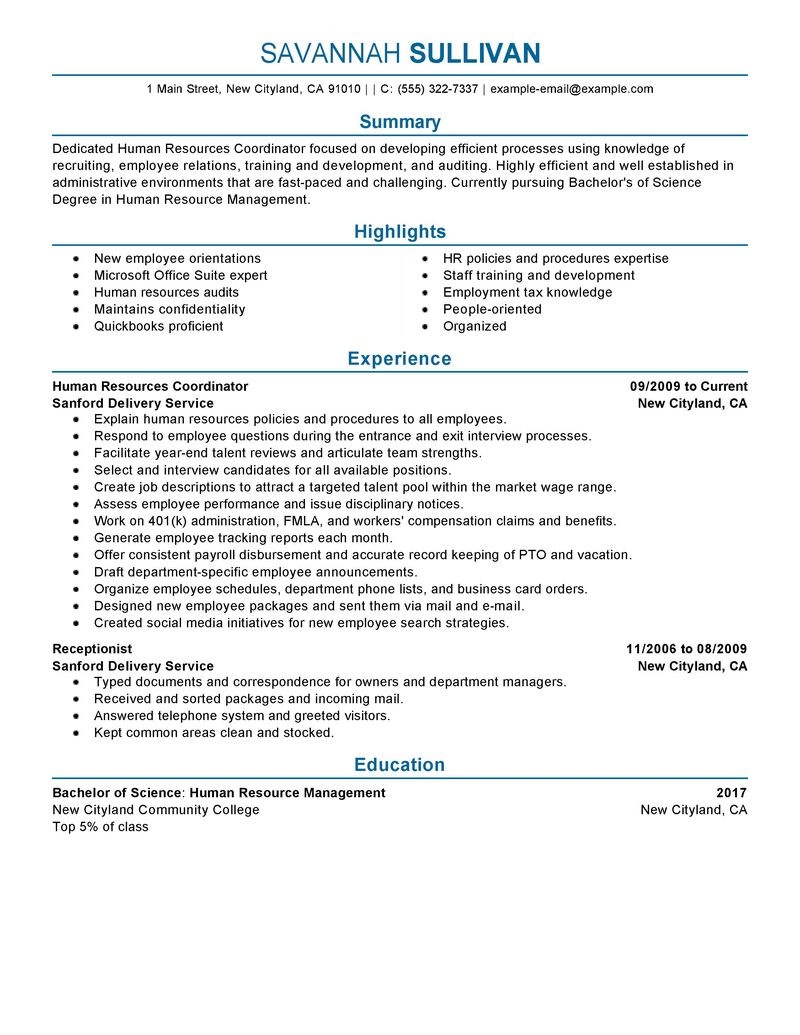 Sample resume for experienced hr generalist