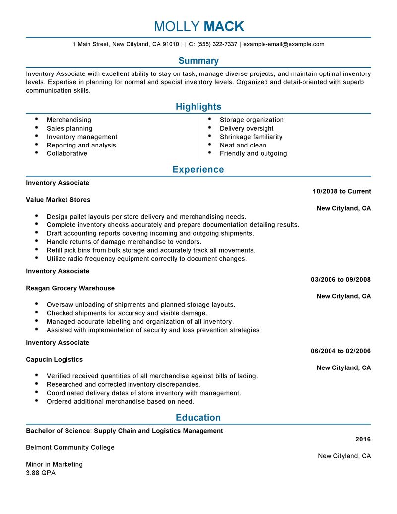 Best Inventory Associate Resume Example