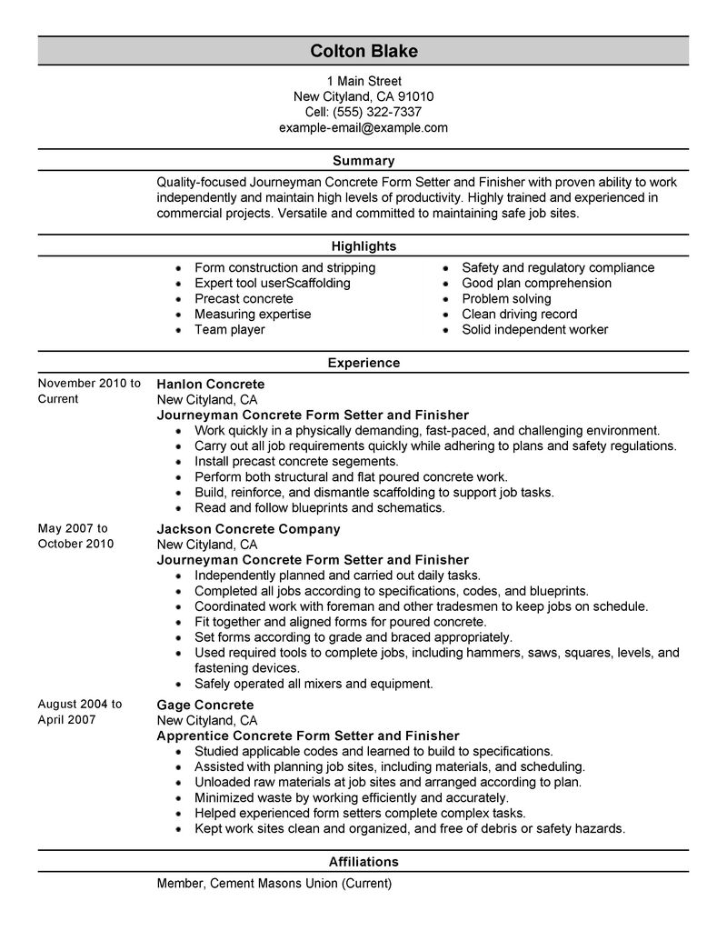 Best Journeymen Concrete Form Setters And Finishers Resume Example