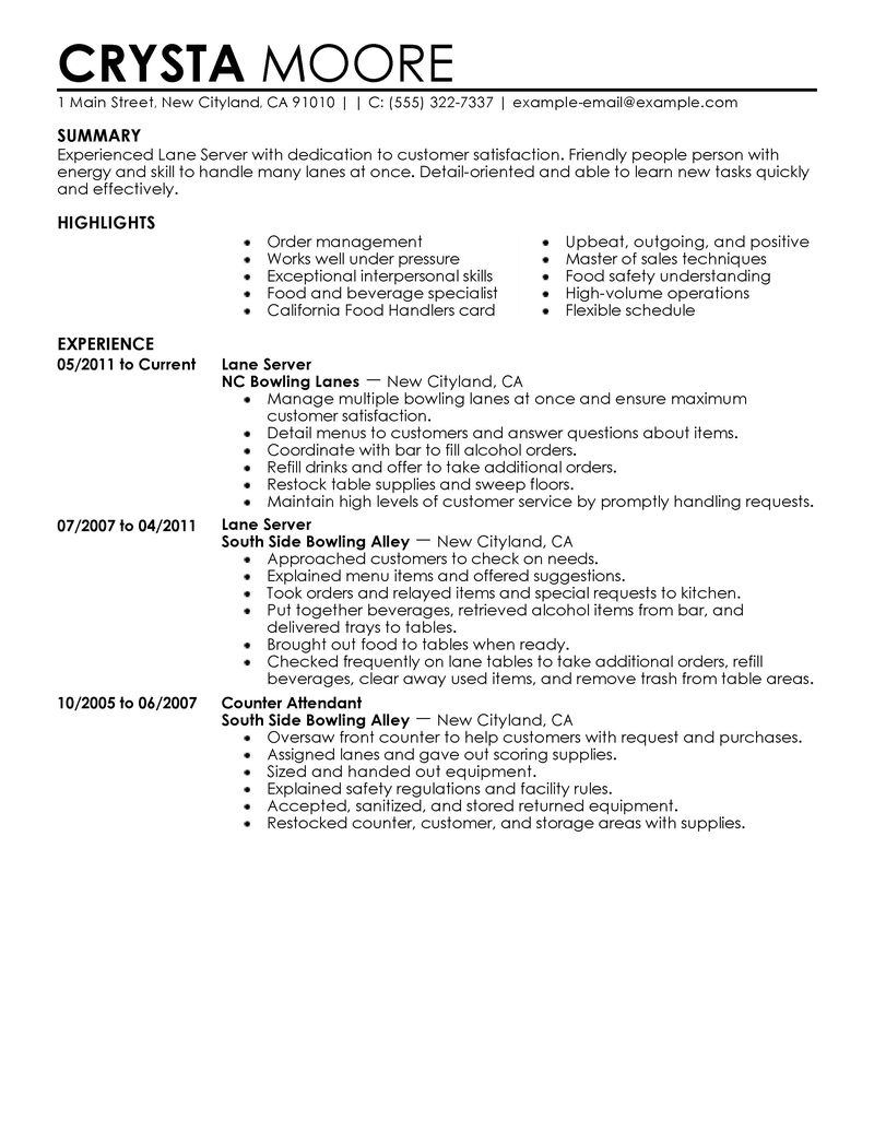 Best Lane Server Resume Example