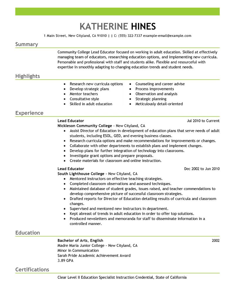Best Lead Educator Resume Example | LiveCareer