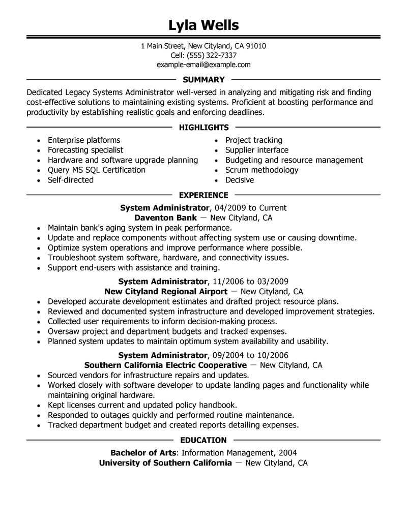 Best Legacy Systems Administrator Resume Example  LiveCareer