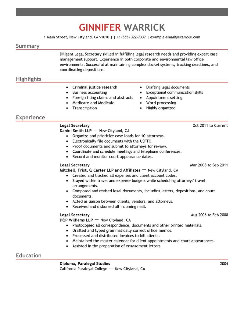 Sample court secratary resume