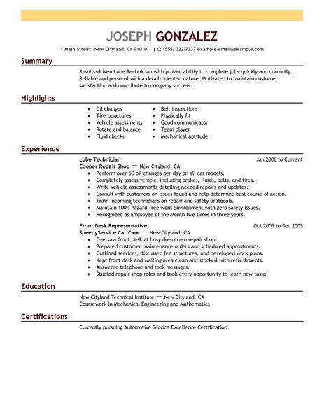 Best Customer Service Lube Technician Resume Example  LiveCareer