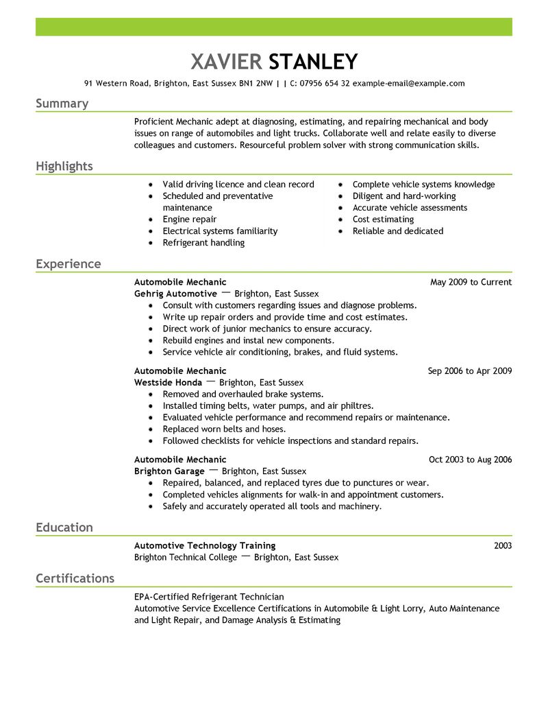 resume for mechanic job