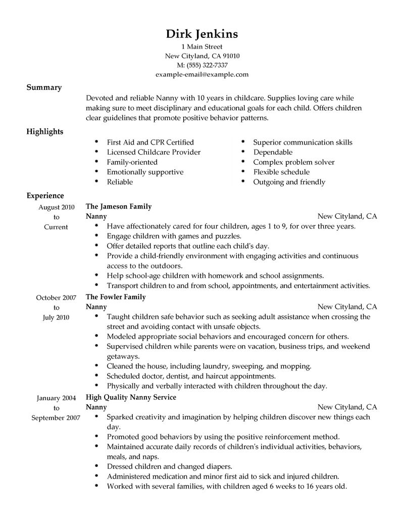 Sample resume for a nanny