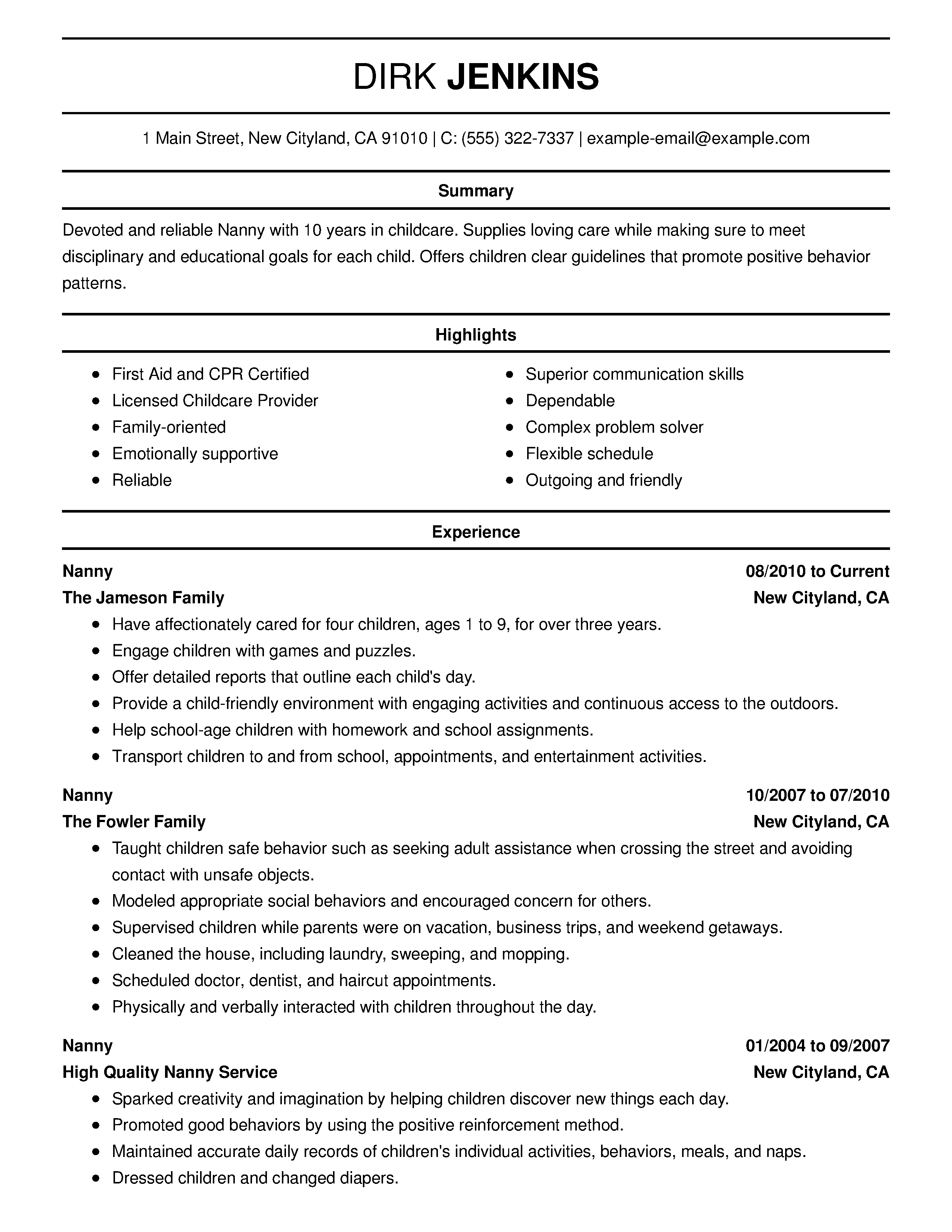 nanny resume template
