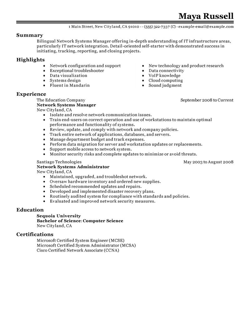 Systems manager resume