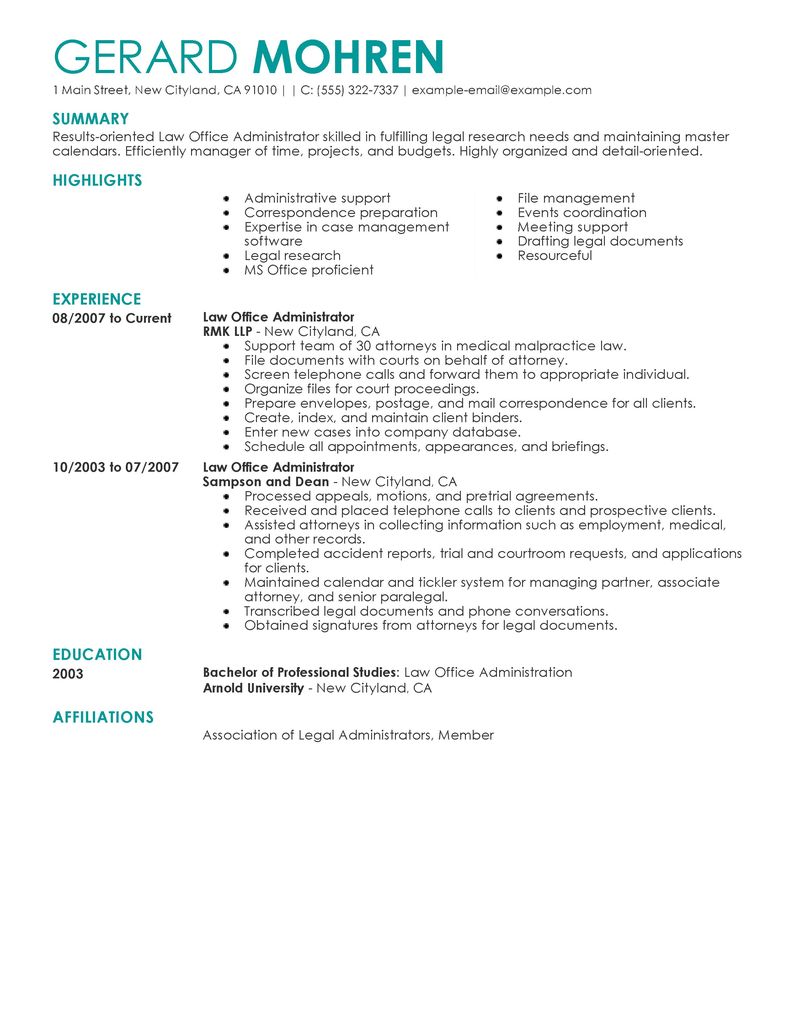office administration sample resumes