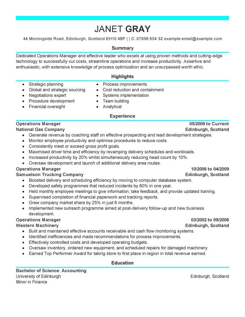 Sample resume format for operations