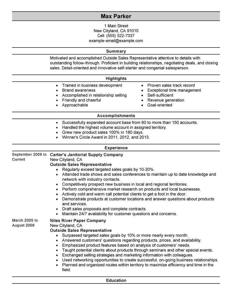 resume objective examples for sales rep