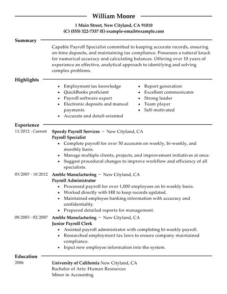 Payroll specialist resume template