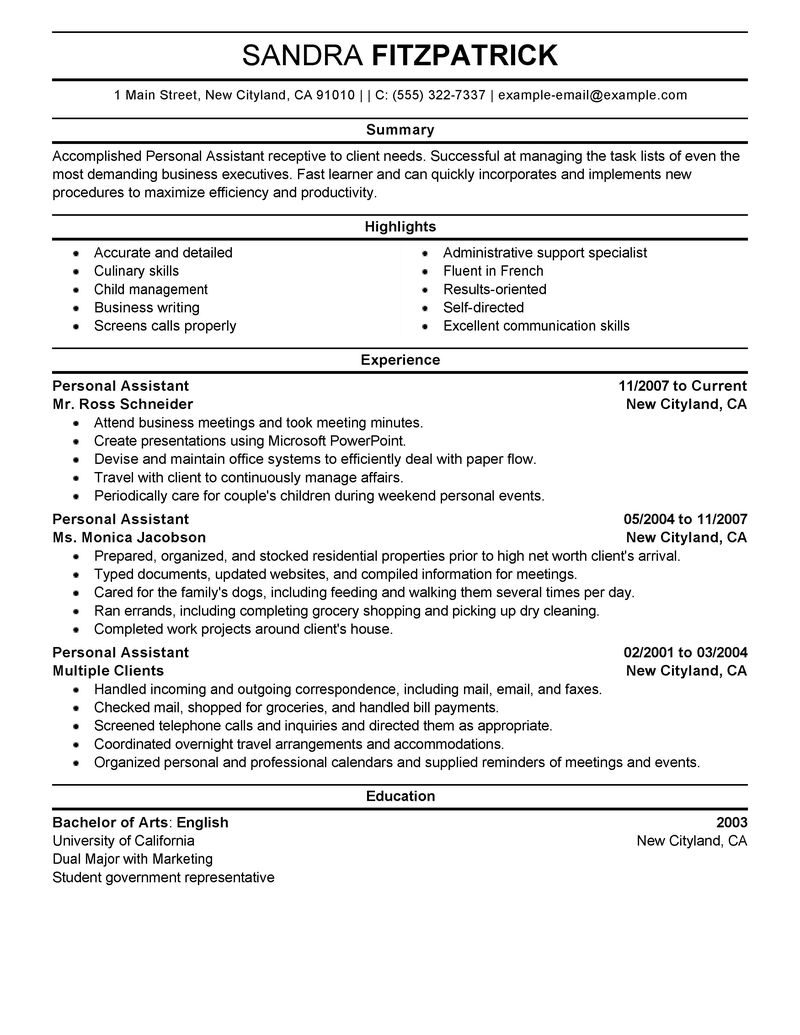 Resume for a personal assistant