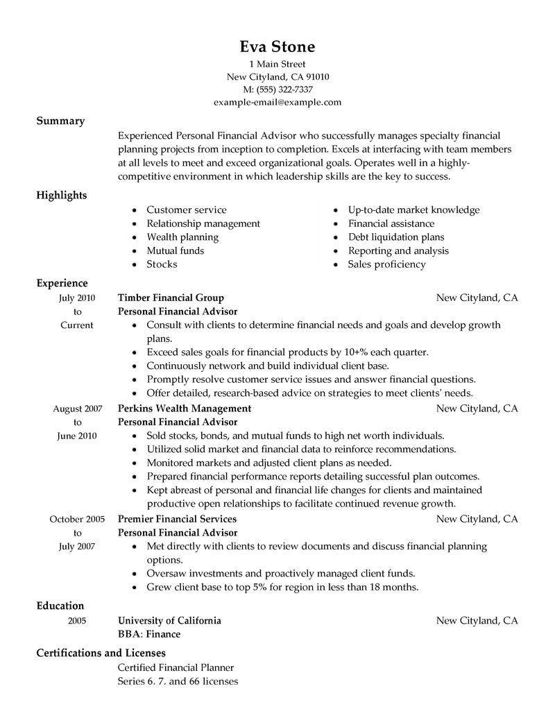 Resume for financial advisor intern