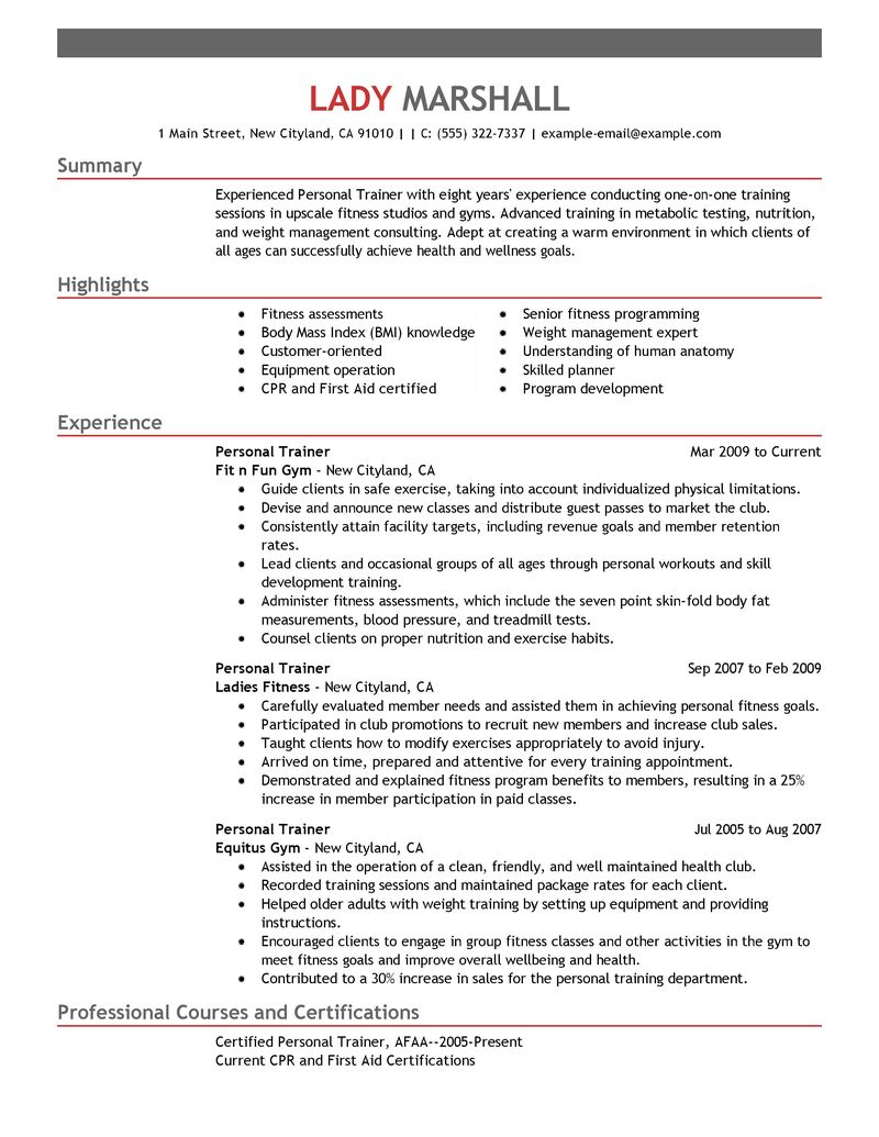 Best Personal Trainer Resume Example  LiveCareer