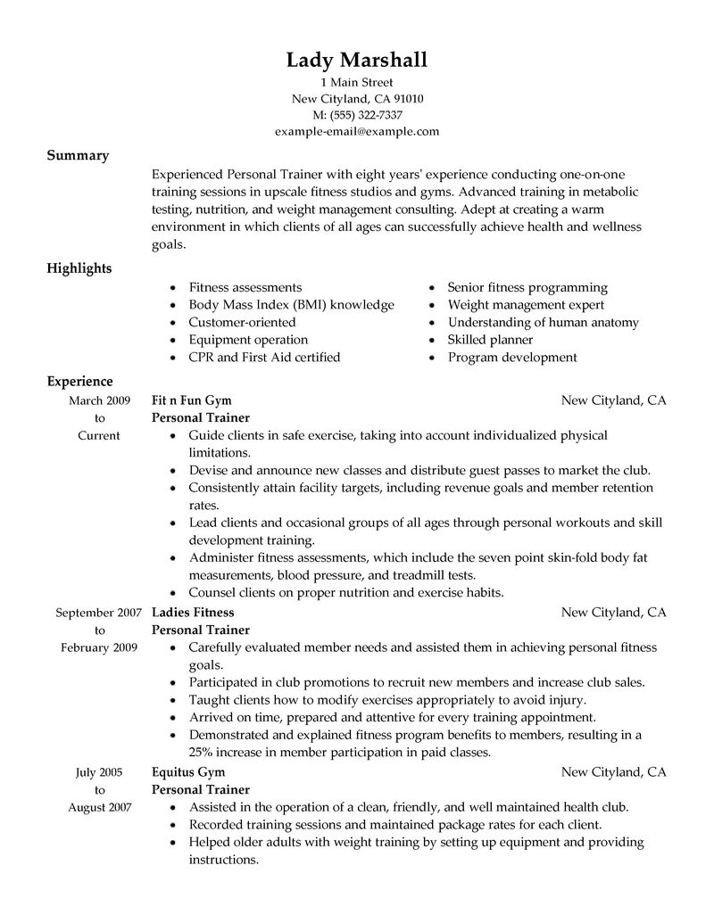 Best Personal Trainer Resume Example LiveCareer fitness-resume-template
