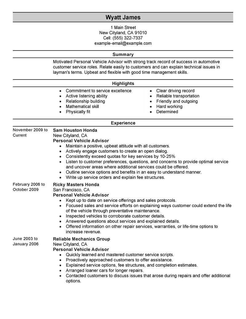 personal vehicle advisor resume example automotive automotive service advisor resumes